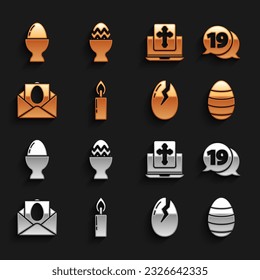 Set Burning candle, Speech bubble with happy easter, Easter egg, Broken, Greeting card Happy, Cross on the laptop screen, stand and  icon. Vector