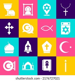 Set Burning candle, Star crescent, Jewish calendar, of David, Christian cross, Holy grail or chalice and fish icon. Vector