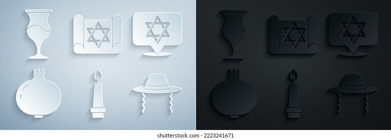 Set Burning candle, Star of David, Pomegranate, Orthodox jewish hat, Torah scroll and Jewish goblet icon. Vector