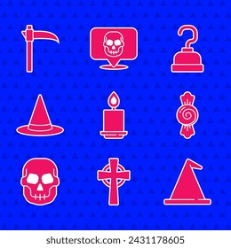 Set Burning candle, Tombstone with cross, Witch hat, Candy, Skull, Pirate hook and Scythe icon. Vector