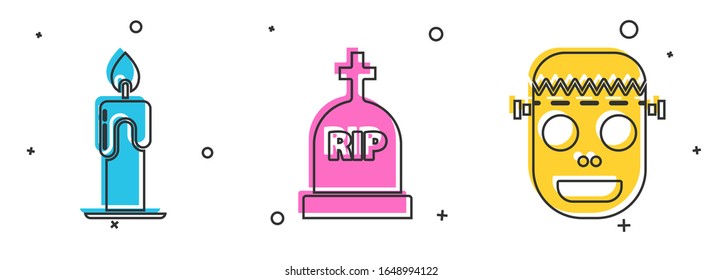 Set Burning candle , Tombstone with RIP and Zombie mask  icon. Vector