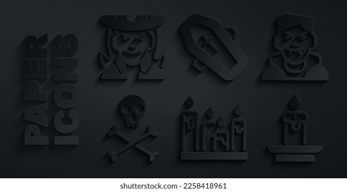 Set Burning candle, Vampire, Skull on crossbones, Coffin with and Witch icon. Vector