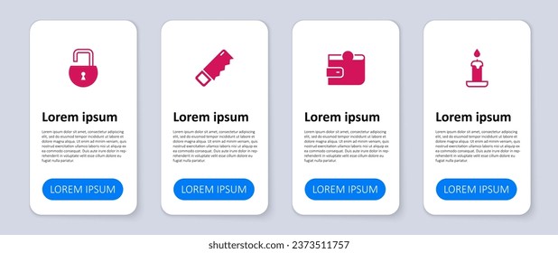 Set Burning candle, Wallet, Hand saw and Open padlock. Business infographic template. Vector