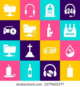 Set Burning candle, Water drop percentage, Bottles of wine box, Tombstone with RIP written, FTP sync refresh and Electric car icon. Vector