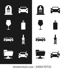 Set Burning candle, Wine glass, Tombstone with RIP written, Car, Cars and Bottle of wine icon. Vector