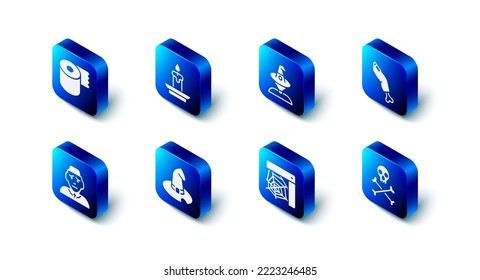Set Burning candle, Witch, Zombie finger, Skull on crossbones, Spider web, hat, Priest and Toilet paper roll icon. Vector