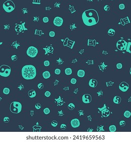 Set Burning candle, Yin Yang, Pentagram circle and Magic ball on seamless pattern. Vector