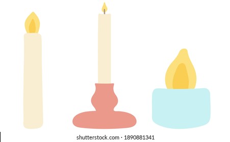 A set of burning candles with a candlestick. Hand drawn vector illustration. Isolated elements on a white background.