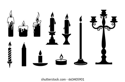 Set of burning candles and candlesticks on white background. Glowing fire and flowing down wax. Vector flat design for anniversary, party, invitation, decoration, birthday. 