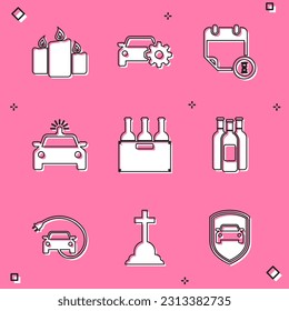 Set Burning candles, Car service, Calendar clock, Police car flasher, Bottles of wine box and  icon. Vector