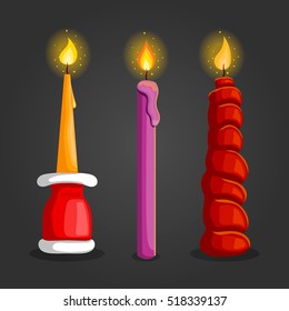 Set of burning candles. Cartoon holiday illustration