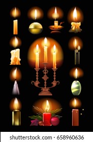 Set of burning candles: classic, in a holder and on a candlestick, melted, Christmas, with a flame, in various forms. Flame candle isolated on black background.