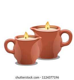 Set of burning candles in clay cups. Accessories for spa treatment isolated on white background. Vector cartoon close-up illustration.