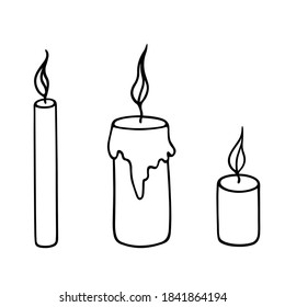 Set of burning candles. Collection of vector images in Doodle style. Isolated elements.