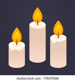 Set of burning candles in different burn stages. Simple and clean modern cartoon style vector illustration.