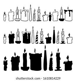 Set of burning candles of different shapes. Silhouette. Graphic design in black and white colors. Isolated drawings of candles for design and decorations of any kind