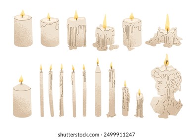 Conjunto de velas ardientes de diferentes Formas. Cera derritiéndose del fuego. Creando un ambiente acogedor y romántico en la casa. Decoración interior y aromaterapia. Ilustración vectorial aislada