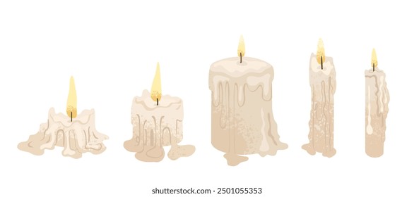 Conjunto de velas ardientes de diferentes Formas. Cera derritiéndose del fuego. Creando un ambiente acogedor y romántico en la casa. Decoración interior y aromaterapia. Ilustración vectorial aislada