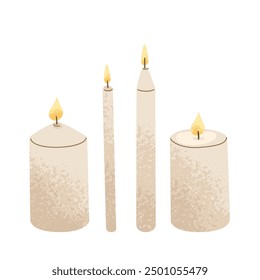 Set of burning candles of different shapes. Creating a cozy and romantic atmosphere in the house. Interior decoration and aromatherapy. Vector illustration isolated on a transparent background