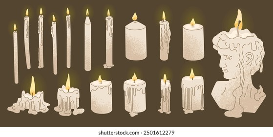 Conjunto de velas ardientes de diferentes Formas. Cera derritiéndose del fuego. Creando un ambiente acogedor y romántico en la casa. Decoración interior y aromaterapia. Ilustración vectorial aislada