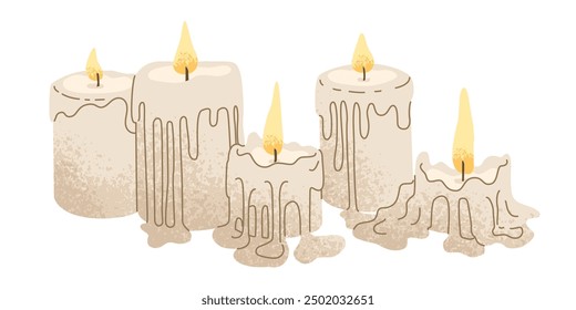 Conjunto de velas ardientes de diferentes Formas. Cera derritiéndose del fuego. Creando un ambiente acogedor y romántico en la casa. Decoración interior y aromaterapia. Ilustración vectorial aislada