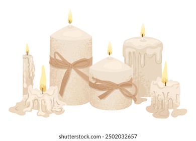 Conjunto de velas ardientes de diferentes Formas. Cera derritiéndose del fuego. Creando un ambiente acogedor y romántico en la casa. Decoración interior y aromaterapia. Ilustración vectorial aislada