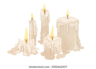 Conjunto de velas ardientes de diferentes Formas. Cera derritiéndose del fuego. Creando una atmósfera espiritual sagrada. Decoración interior y aromaterapia. Ilustración vectorial aislada