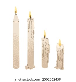 Conjunto de velas ardientes de diferentes Formas. Cera derritiéndose del fuego. Creando un ambiente acogedor y romántico en la casa. Decoración interior y aromaterapia. Ilustración vectorial aislada