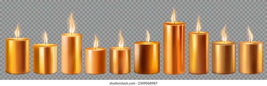 Set of burning candles in different sizes, in yellow and golden colors, isolated on transparent background