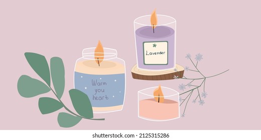 a set of burning candles in a flat style, candles in glass jars with flowers and eucalyptus. Hygge style home decor.