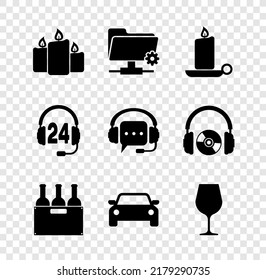 Set Burning candles, FTP settings folder, candlestick, Bottles of wine box, Car and Wine glass icon. Vector