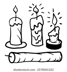 Set of burning candles hand drawn doodle