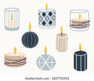 Set of burning candles. Hand-drawn vector illustration in doodle style . Design for holiday cards, stickers, print, Christmas,New Year