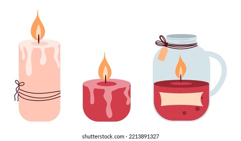 Juego de velas ardiendo. Ilustración vectorial dibujada a mano en estilo doodle . Diseño para tarjetas de vacaciones, pegatinas, impresión.