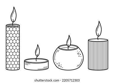 Set of burning candles icon in doodle line style. Trendy decor for home and cosy, spa, aromatherapy, relaxation. Collection candles different shapes and sizes. Isolated vector illustration.