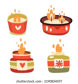 Set of burning candles in jars. Fall decorative objects. Open fire. Orange, red, green. Warm hygge aesthetics. Flat cartoon hand-drawn style