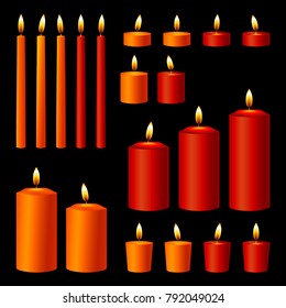 Set of Burning Candles on Black Background. Vector Illustration. Realistic 3d Candle Icon Set. Decoratove Design for Holidays, Chirch, Spa, Meditation, Interior Design