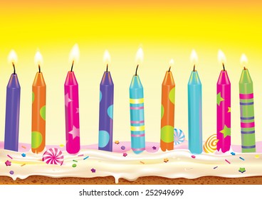 Set of burning candles on the cake