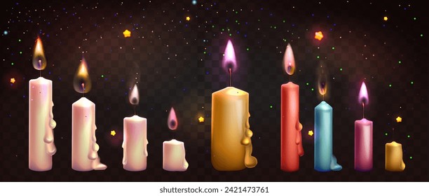 С conjunto colorido de velas encendidas sobre un fondo transparente. Colección realista de velas. Ilustración vectorial. Eps 10