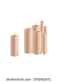 A set of burning candles. Scented decorative round cylindrical candles of different sizes. Vector 3D realistic fashion wax candles. Isolated beige element design. Vector image.