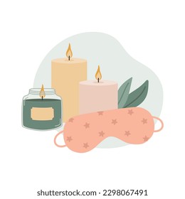 Juego de velas ardientes y máscara para dormir. Estilo Doodle. Plantilla para relajación y diseño de spa. Ilustración vectorial aislada