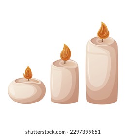Un conjunto de velas ardientes de varios tamaños. Estilo de caricatura, ilustración vectorial de moda