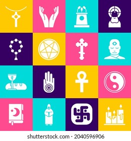 Set Burning candles, Yin Yang, Man with third eye, Stage stand or tribune, Pentagram circle, Rosary beads religion, Christian cross chain and  icon. Vector