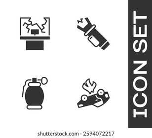 Set Burning car, Broken window, Hand grenade and Police electric shocker icon. Vector
