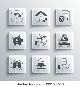 Set Burning car, Contract hand, Car insurance, Plane, House flood, Piggy bank, Umbrella and with shield icon. Vector