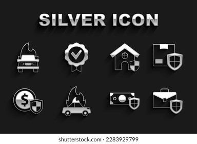 Configure Burning car, Delivery security with shield, Briefcase, Money, House, y Aprobar y marque el icono. Vector