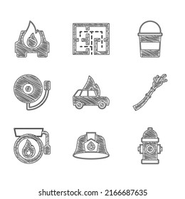 Set Burning car, Firefighter helmet, hydrant, hose reel, Ringing alarm bell, bucket and  icon. Vector