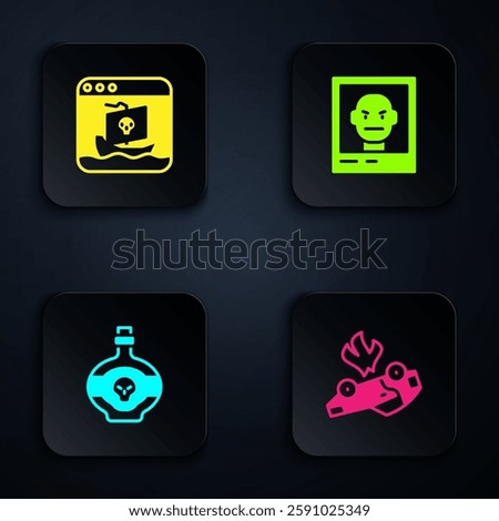Set Burning car, Internet piracy, Poison bottle and Wanted poster. Black square button. Vector