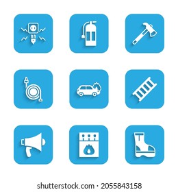 Set Burning car, Matchbox and matches, Fire boots, escape, Megaphone, hose reel, Firefighter axe and Electricity spark icon. Vector