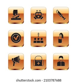 Set Burning car, Megaphone, First aid kit, Crowd protest, Check mark round, Military knife, Censor and freedom of speech and Gas mask icon. Vector